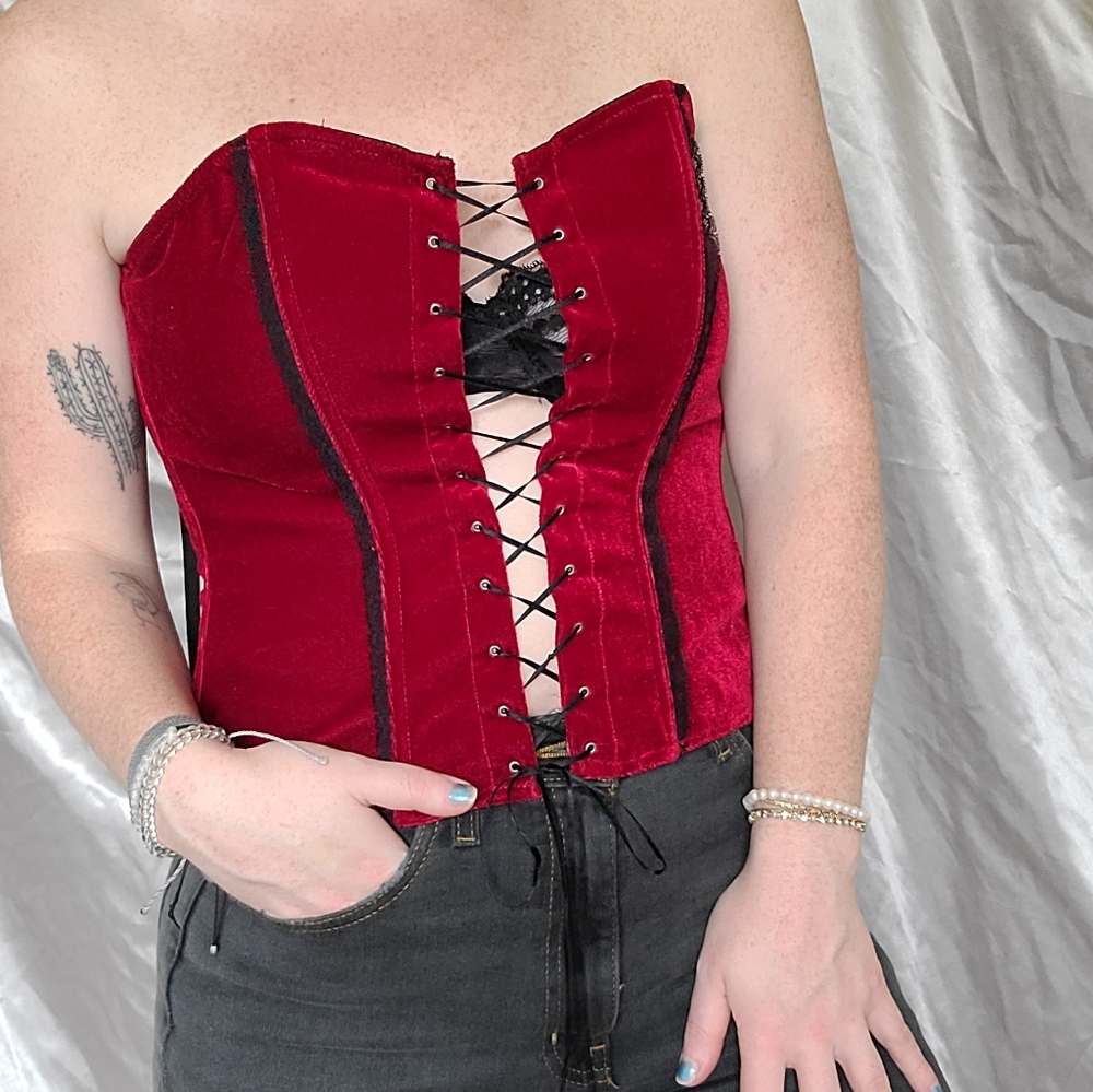 y2k Goth Vampire Whimsygoth Western Red Velvet Lace Up Corset